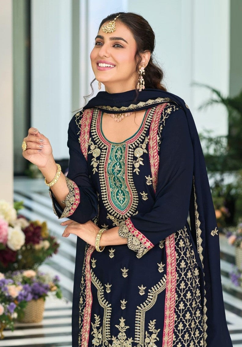 Women Black Chinon Pakistani Suit Set With Embroidery Work