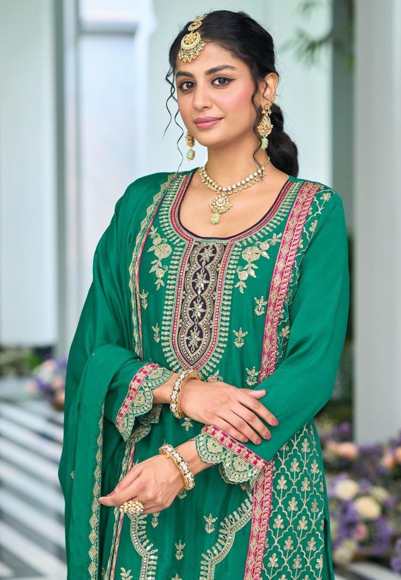 Women Sea Green Chinon Pakistani Suit Set With Embroidery Work