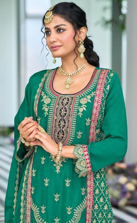 Women Sea Green Chinon Pakistani Suit Set With Embroidery Work