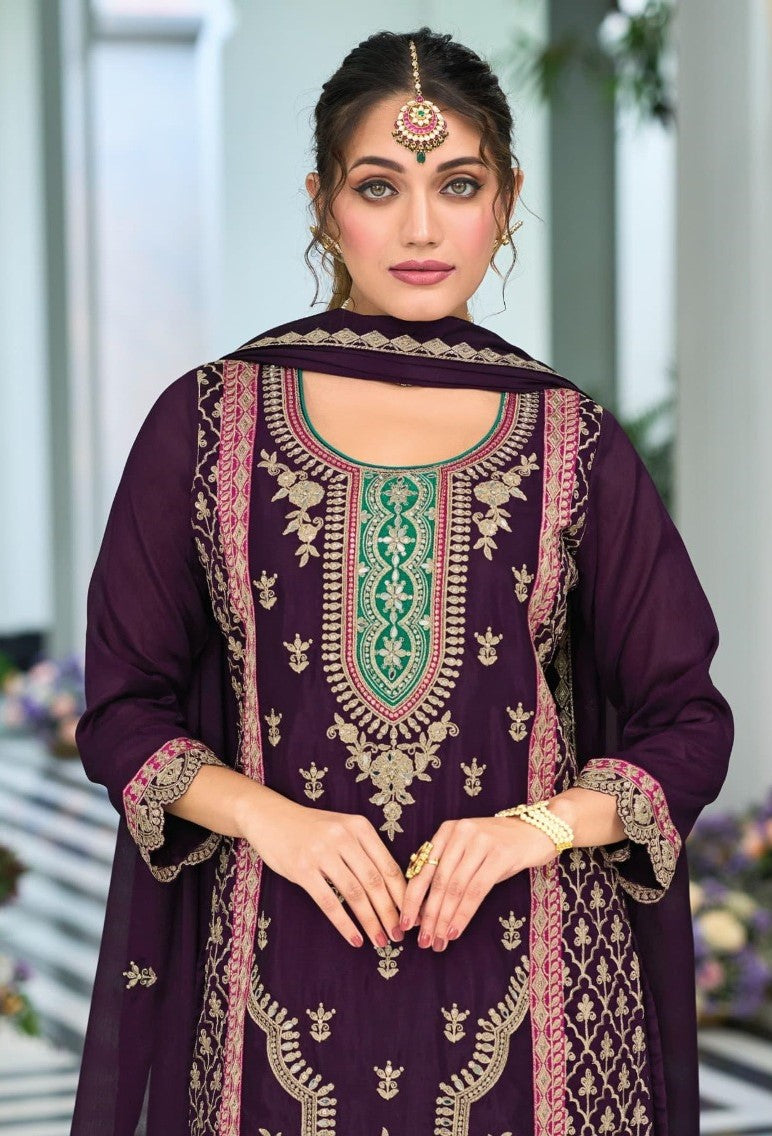 Women Dark Purple Chinon Pakistani Suit Set With Embroidery Work