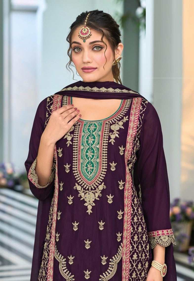Women Dark Purple Chinon Pakistani Suit Set With Embroidery Work