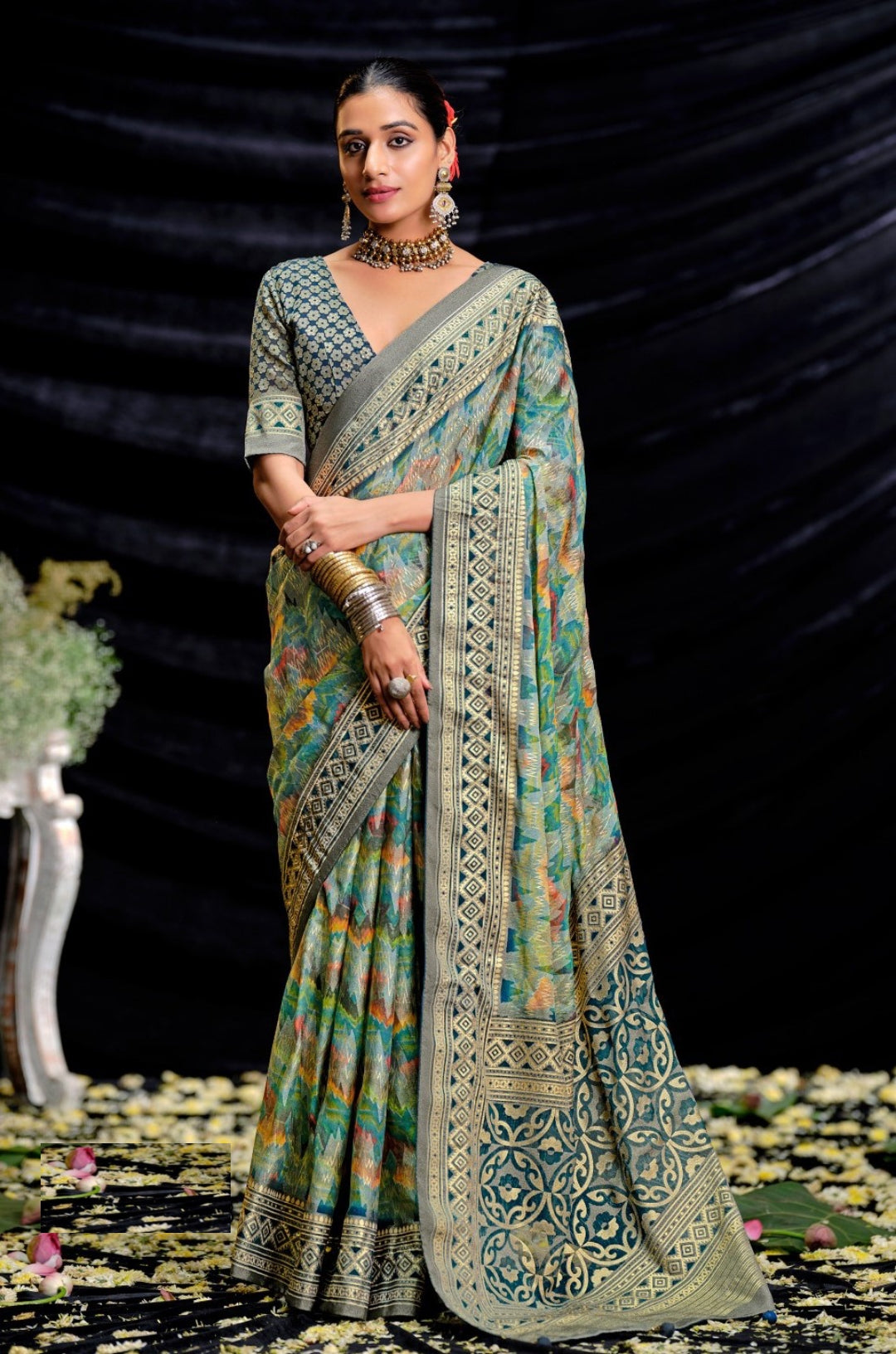 Alluring Green Brasso Digital Print Saree