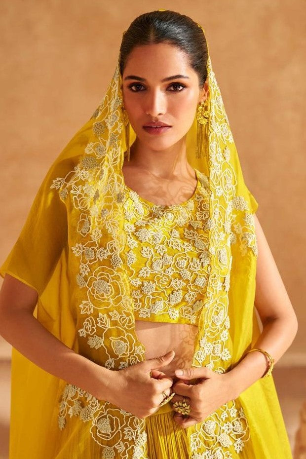 Party Wear Yellow Chinon Stylish Lehenga