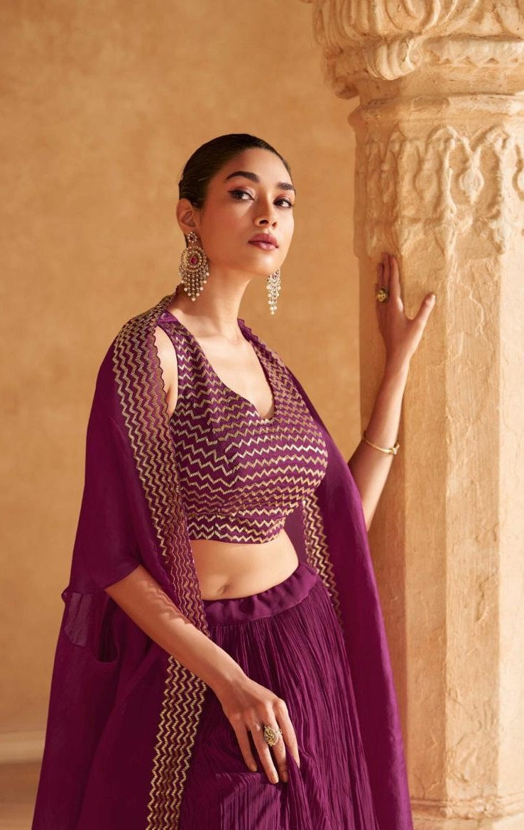 Graceful Purple Chinon Stylish Lehenga
