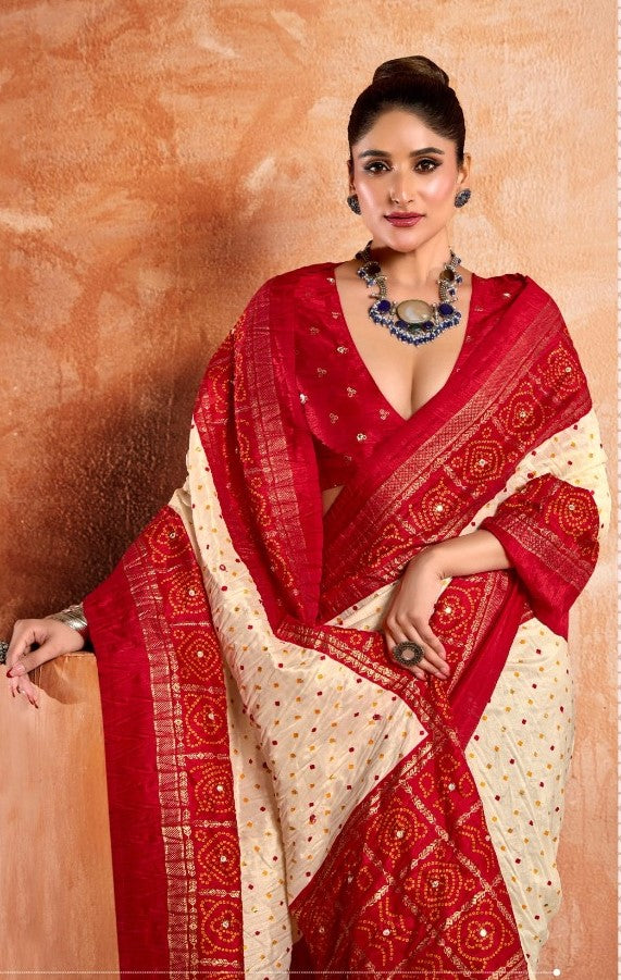 Chic Off White And Red Velvet Tusser Silk Saree