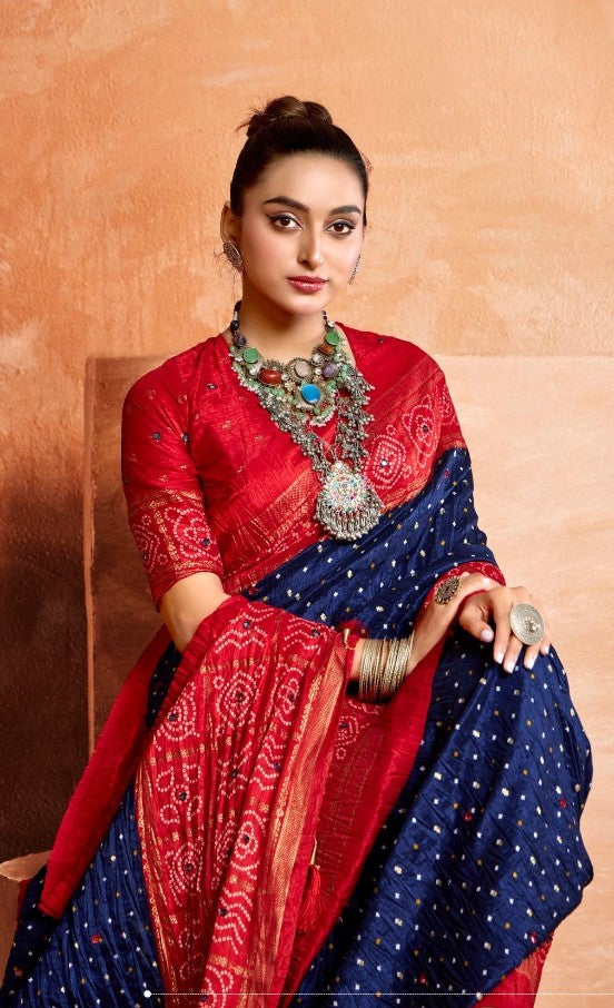 Elegant Navy Blue And Red Velvet Tusser Silk Saree