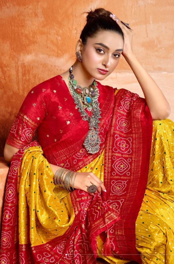 Sophisticated Yellow And Red Velvet Tusser Silk Saree