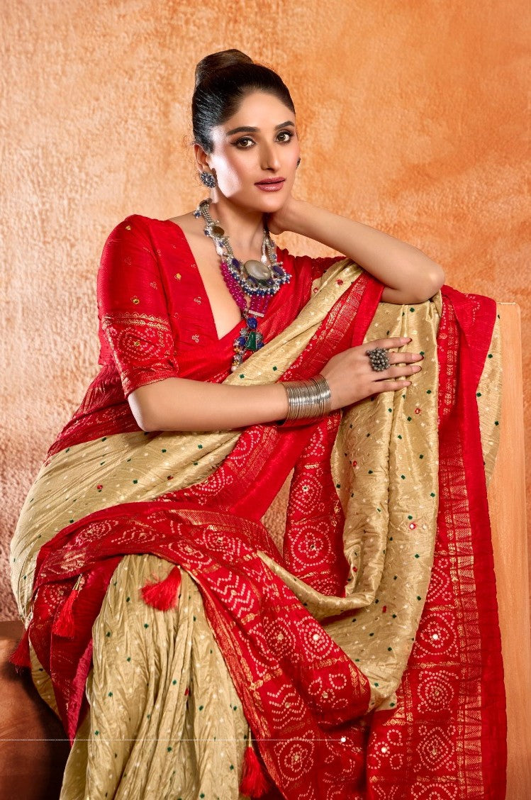 Luxurious Beige And Red Velvet Tusser Silk Saree