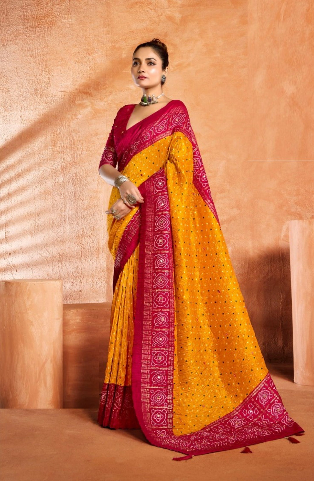 Tailored Mustard And Red Velvet Tusser Silk Saree