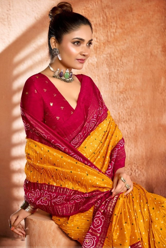 Tailored Mustard And Red Velvet Tusser Silk Saree