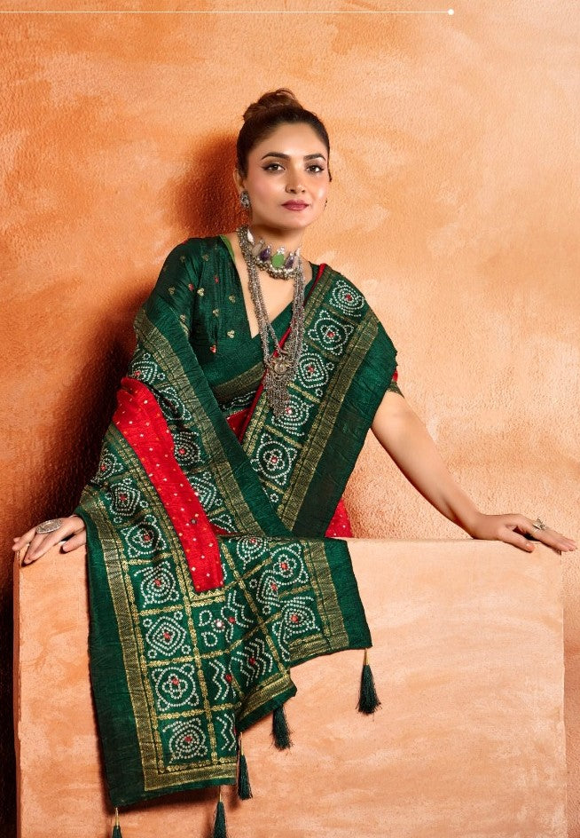 Polished Red And Green Velvet Tusser Silk Saree