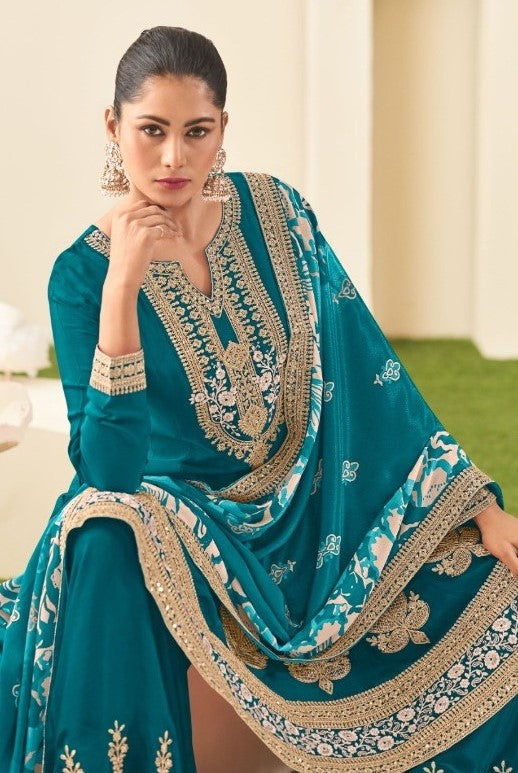 Elegant Teal Chinon Sharara Suit Set With Embroidery Work
