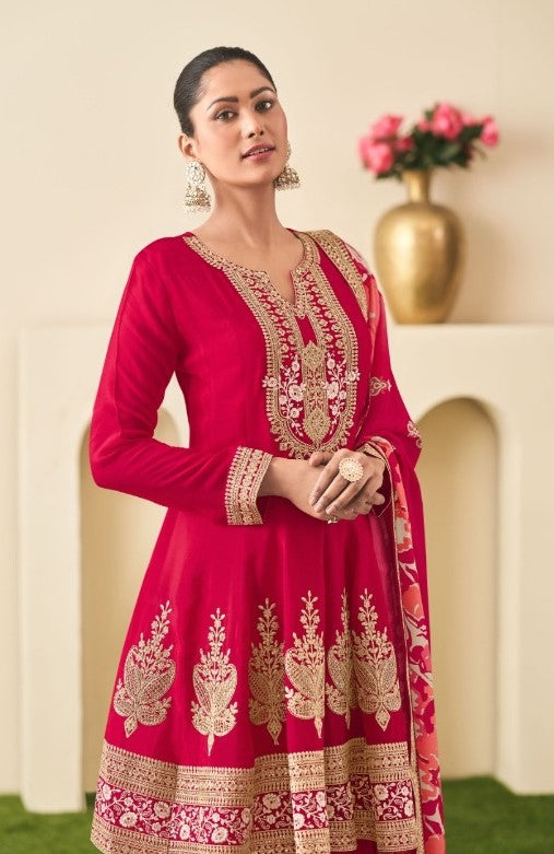 Chic Pink Chinon Sharara Suit Set With Embroidery Work