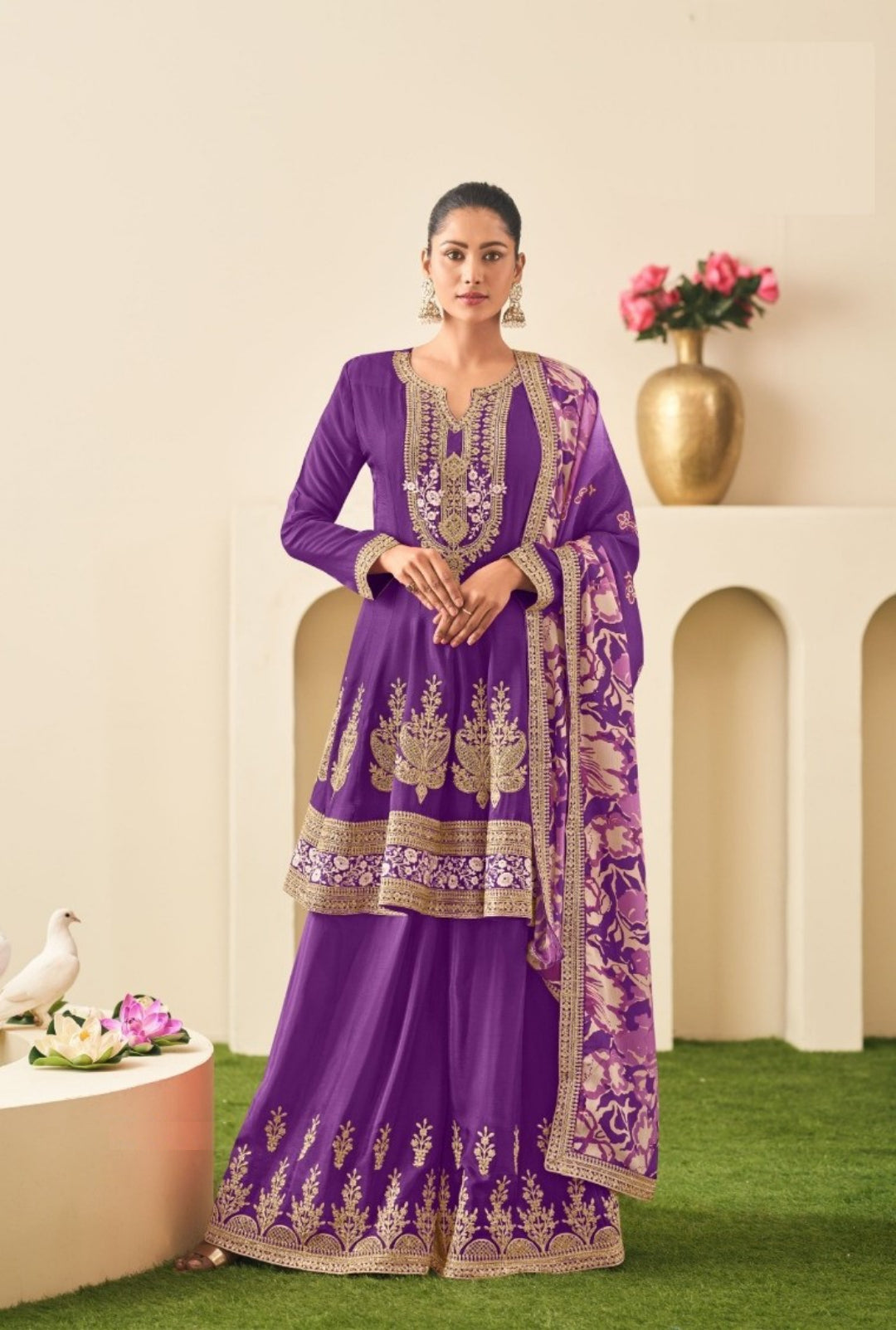 Designer Purple Chinon Sharara Suit Set With Embroidery Work