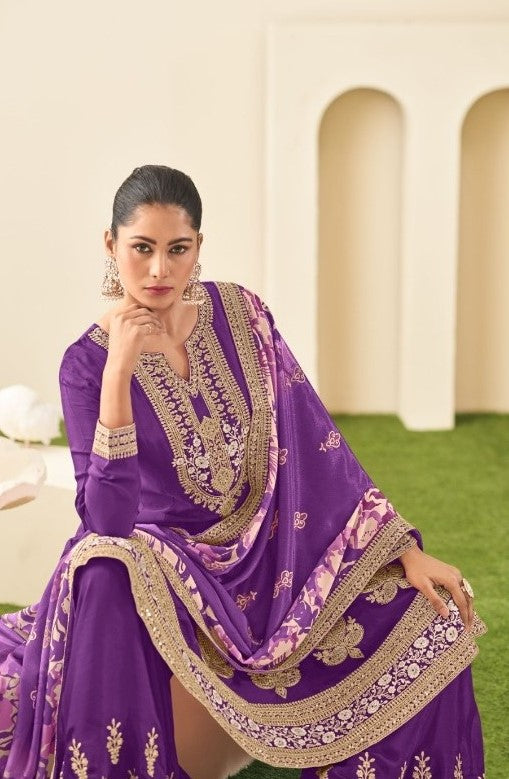 Designer Purple Chinon Sharara Suit Set With Embroidery Work