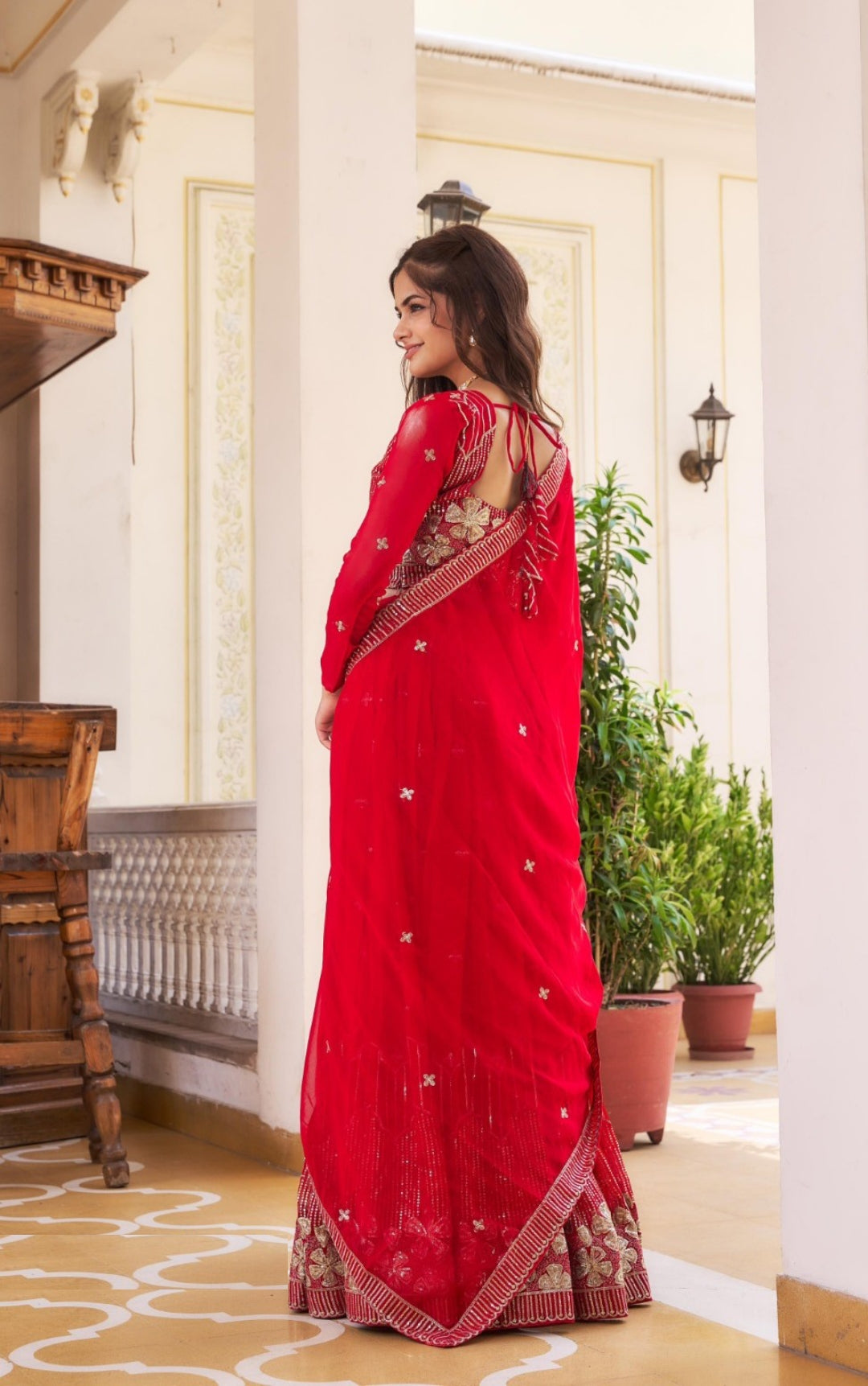 Women Red Georgette Sequins With Embroidery Work Gliterring Lehenga