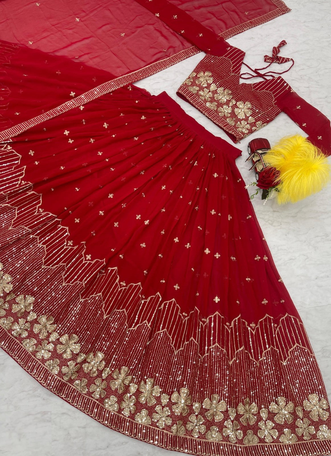 Women Red Georgette Sequins With Embroidery Work Gliterring Lehenga