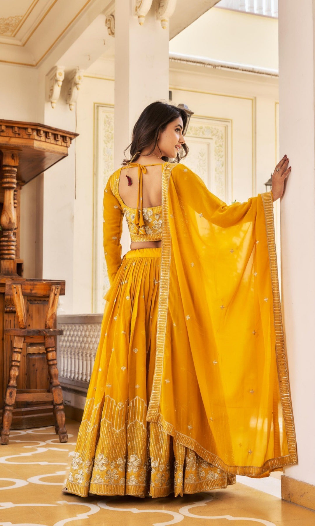 Women Mustard Georgette Sequins With Embroidery Work Gliterring Lehenga