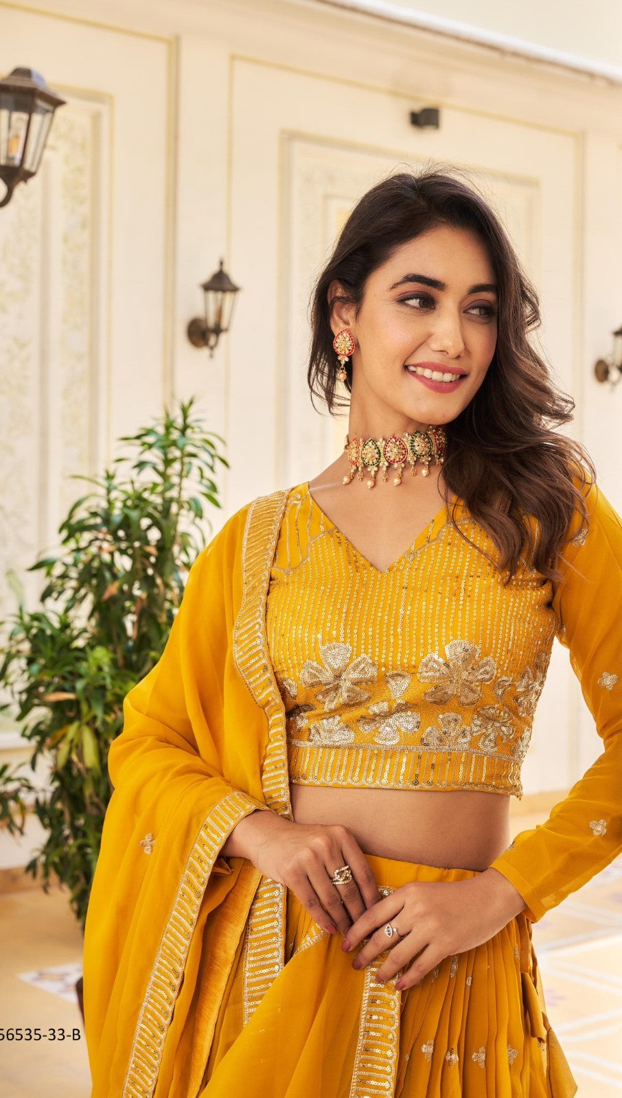 Women Mustard Georgette Sequins With Embroidery Work Gliterring Lehenga