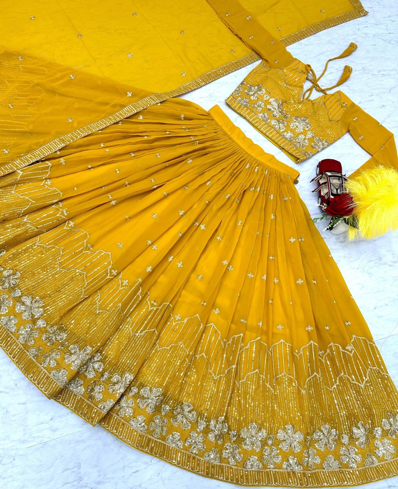 Women Mustard Georgette Sequins With Embroidery Work Gliterring Lehenga