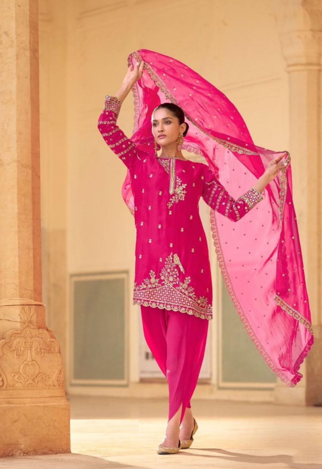 Opulent Pink Soft Crepe Silk Dhoti Pant Suit Set