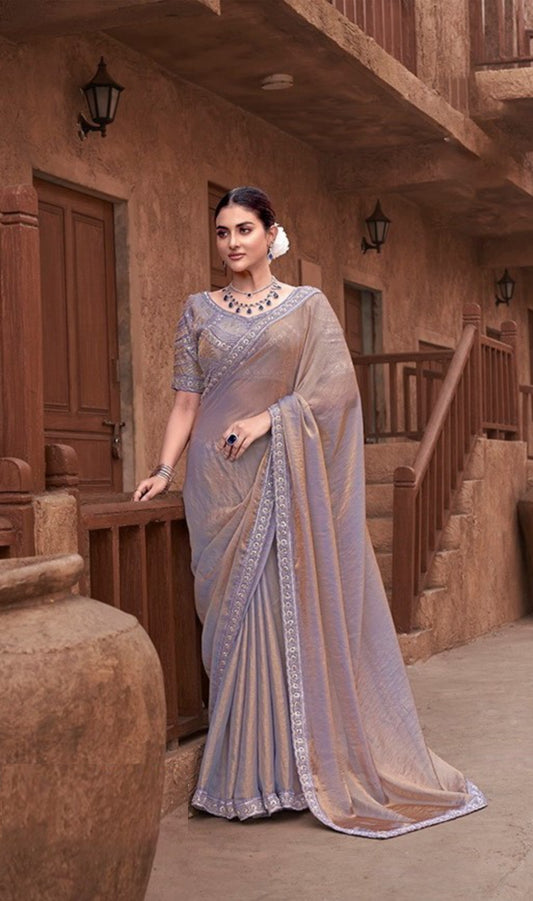 Fancy Purple Double Shade Satin Silk Saree With Embroidery Work