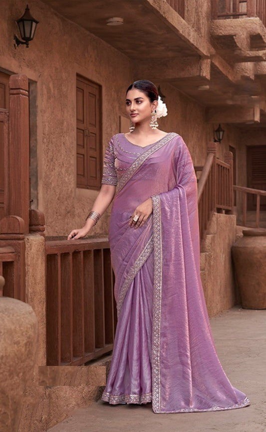 Enchanting Purple Satin Silk Saree With Embroidery Work