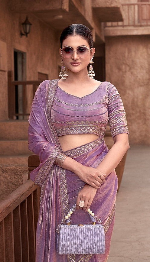 Enchanting Purple Satin Silk Saree With Embroidery Work