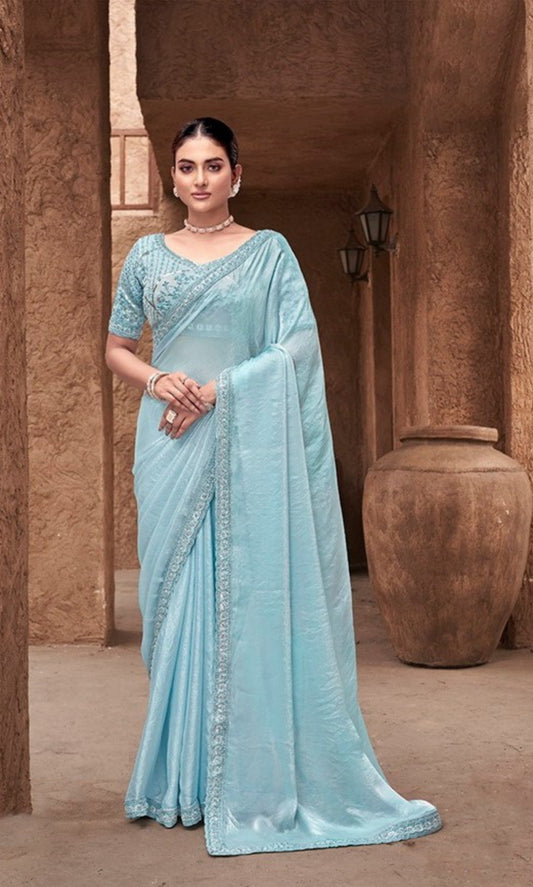 Effortless Sky Blue Satin Silk Saree With Embroidery Work