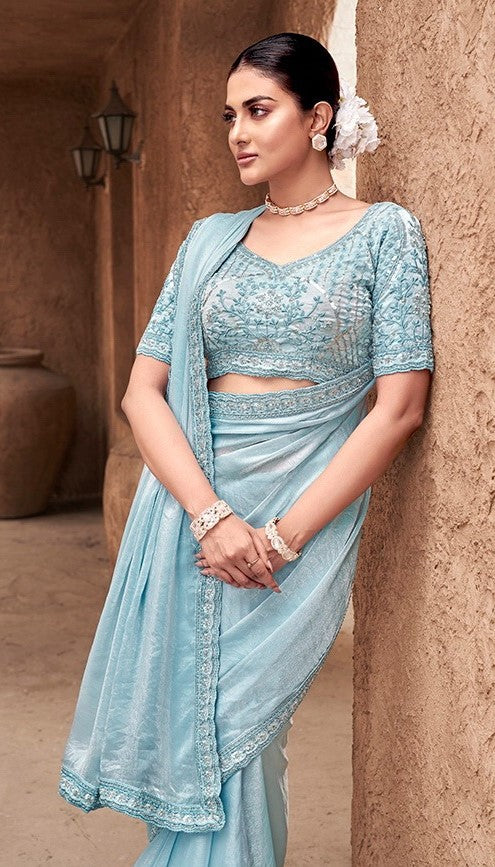 Effortless Sky Blue Satin Silk Saree With Embroidery Work