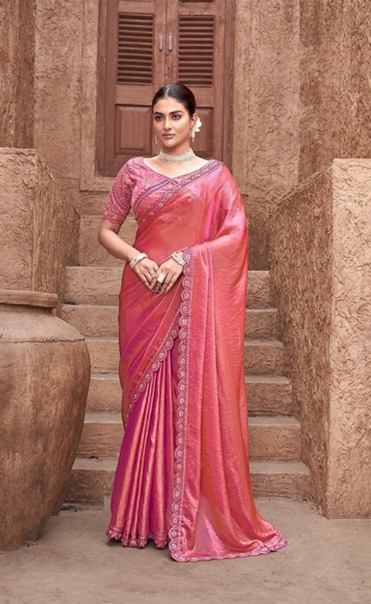 Flattering Coral And Pink Satin Silk Saree With Embroidery Work
