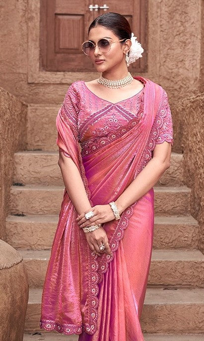 Flattering Coral And Pink Satin Silk Saree With Embroidery Work