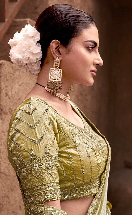 Sublime Green Satin Silk Saree With Embroidery Work