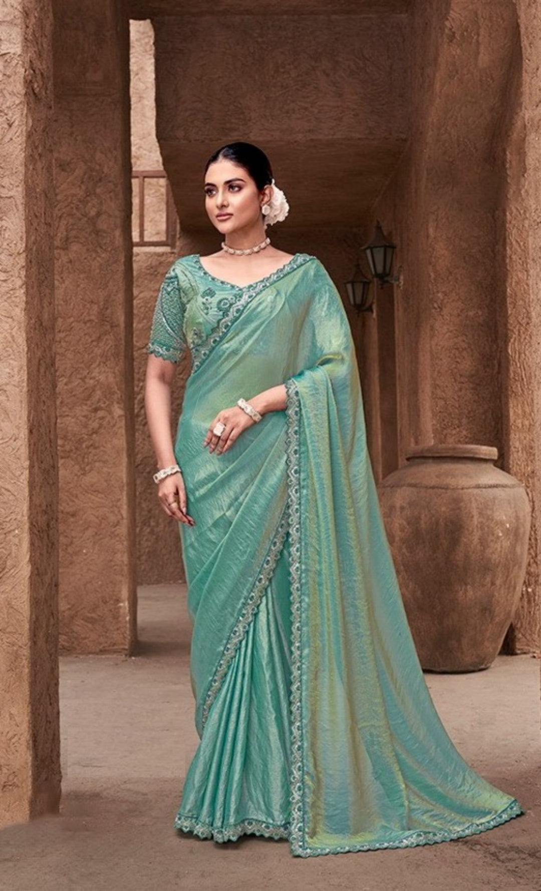 Iconic Blue Satin Silk Saree With Embroidery Work
