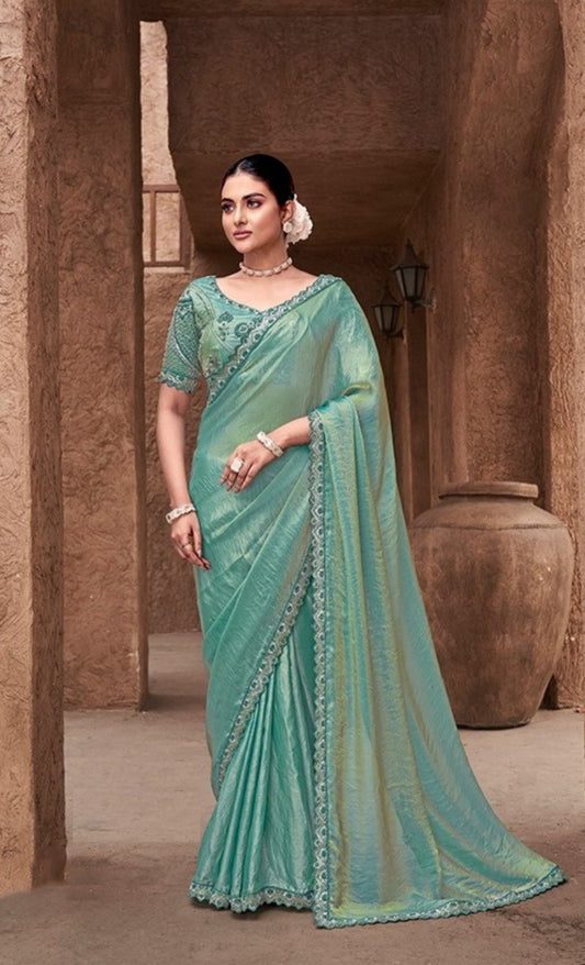 Iconic Blue Satin Silk Saree With Embroidery Work