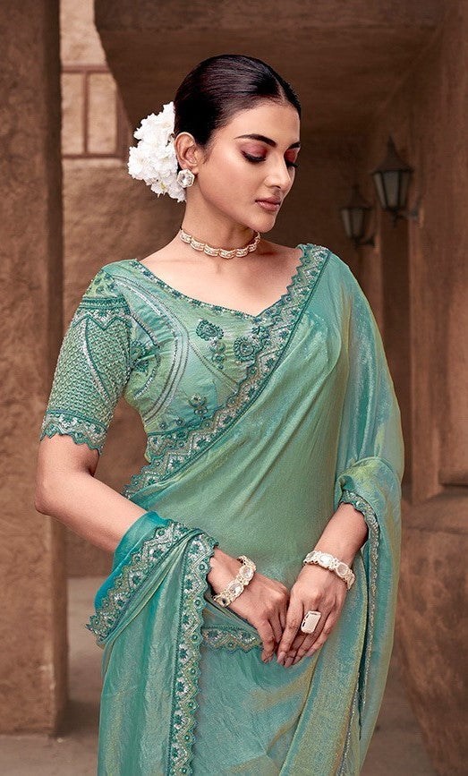 Iconic Blue Satin Silk Saree With Embroidery Work