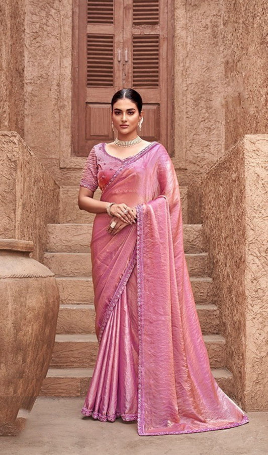 Sumptuous Golden And Purple Satin Silk Saree With Embroidery Work