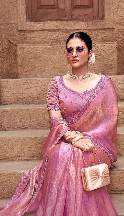 Sumptuous Golden And Purple Satin Silk Saree With Embroidery Work