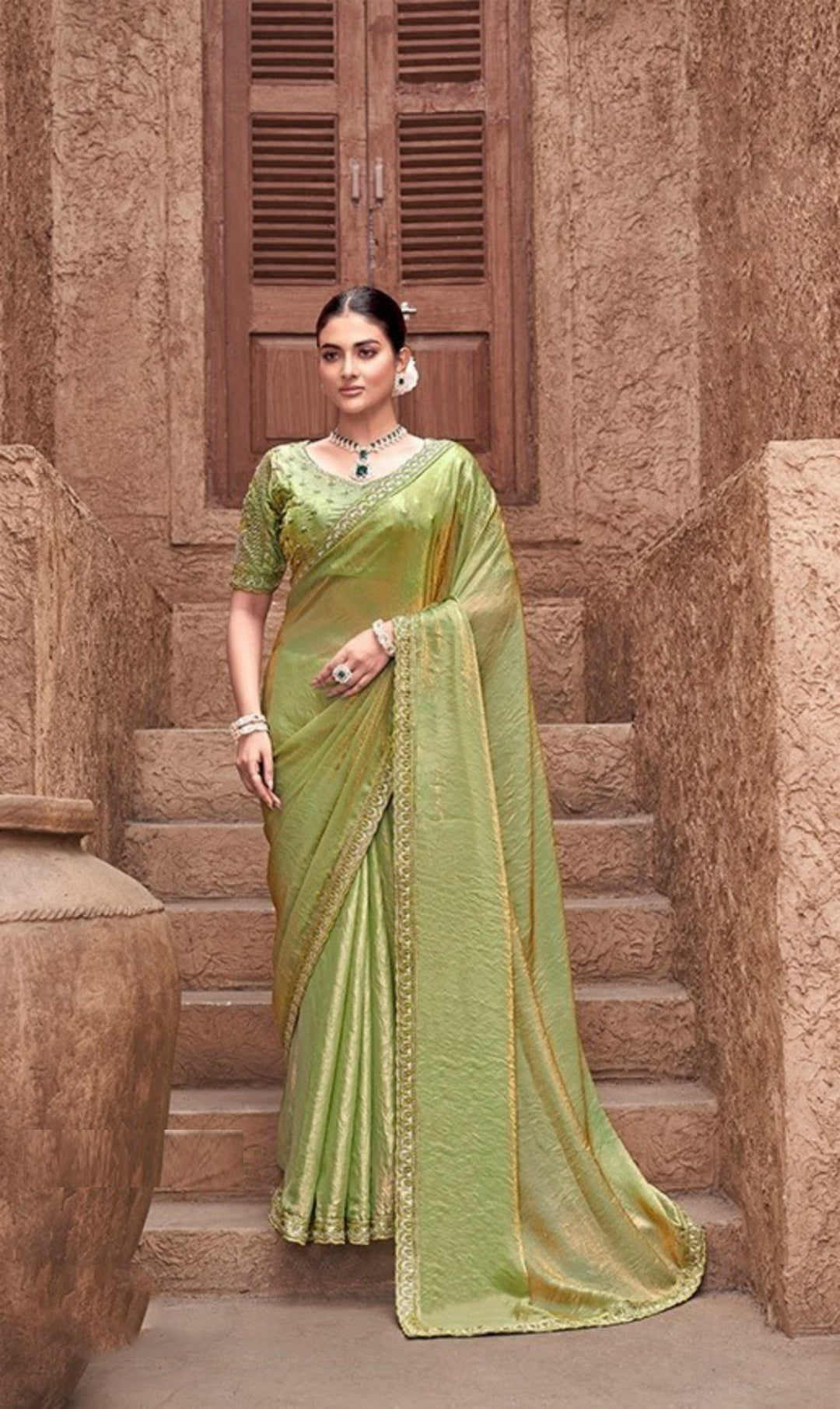 Statement-Making Pista Green Satin Silk Saree With Embroidery Work