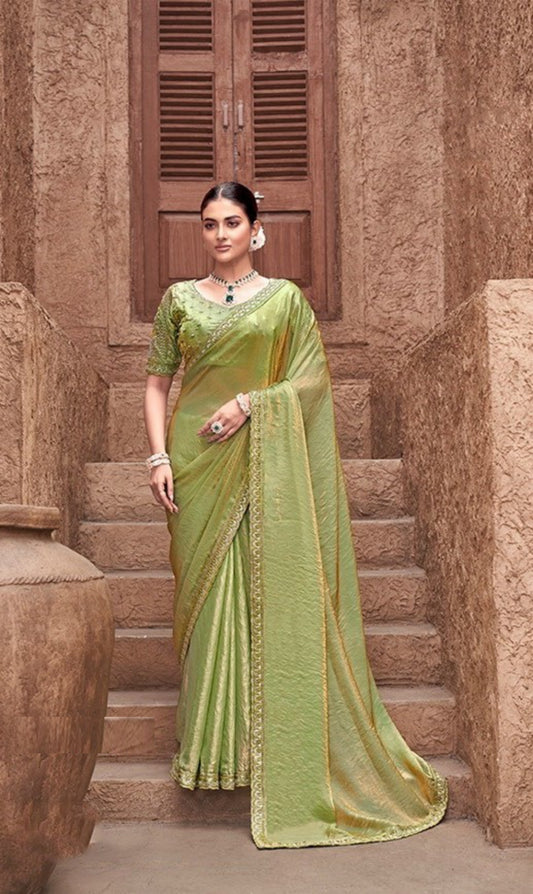 Statement-Making Pista Green Satin Silk Saree With Embroidery Work