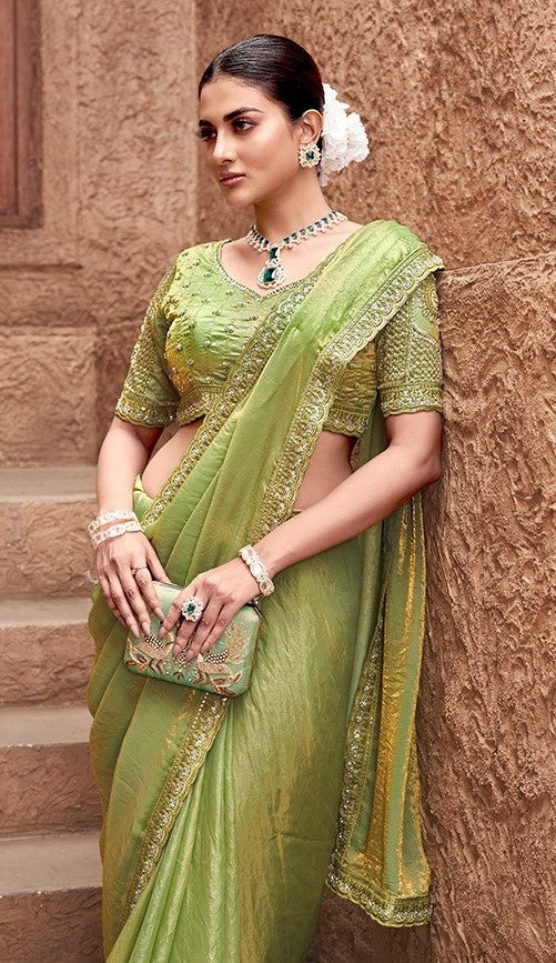 Statement-Making Pista Green Satin Silk Saree With Embroidery Work