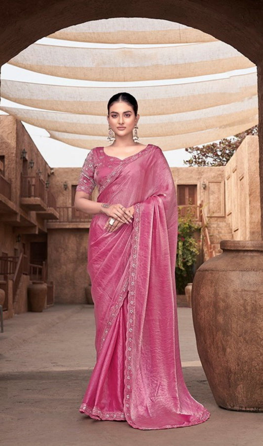 Couture Pink Satin Silk Saree With Embroidery Work
