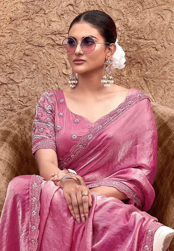 Couture Pink Satin Silk Saree With Embroidery Work