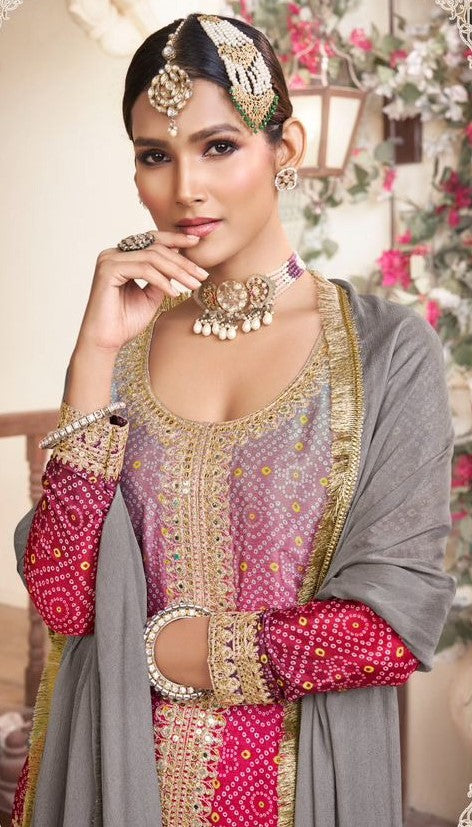 Women Grey And Pink Chinon Silk Gharara-Bottom Suit Set