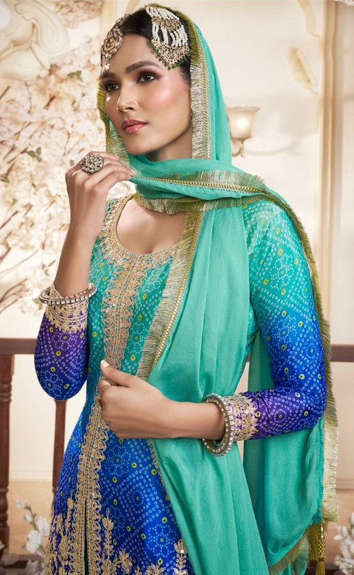 Women Blue Chinon Silk Gharara-Bottom Suit Set