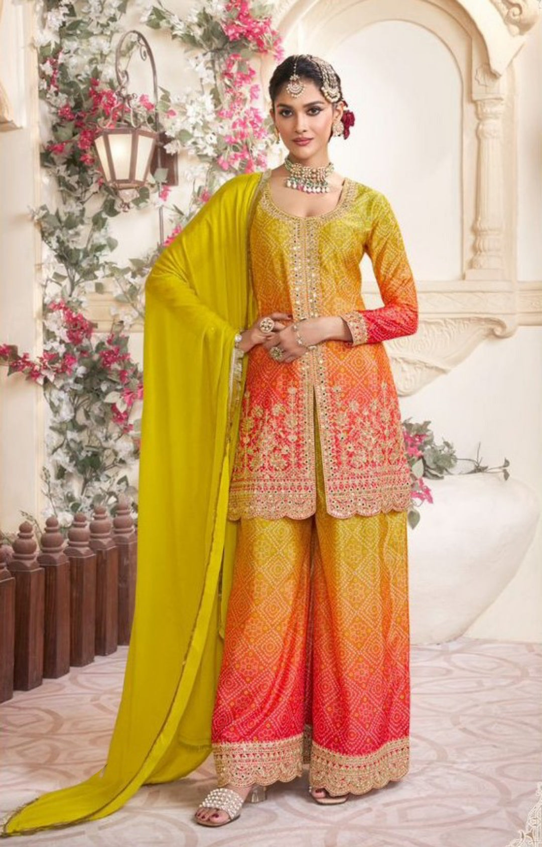 Women Yellow And Pink Chinon Silk Gharara-Bottom Suit Set
