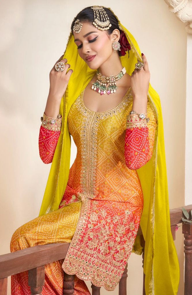 Women Yellow And Pink Chinon Silk Gharara-Bottom Suit Set