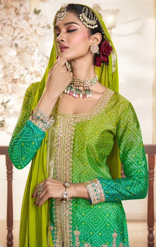 Women Green Chinon Silk Gharara-Bottom Suit Set