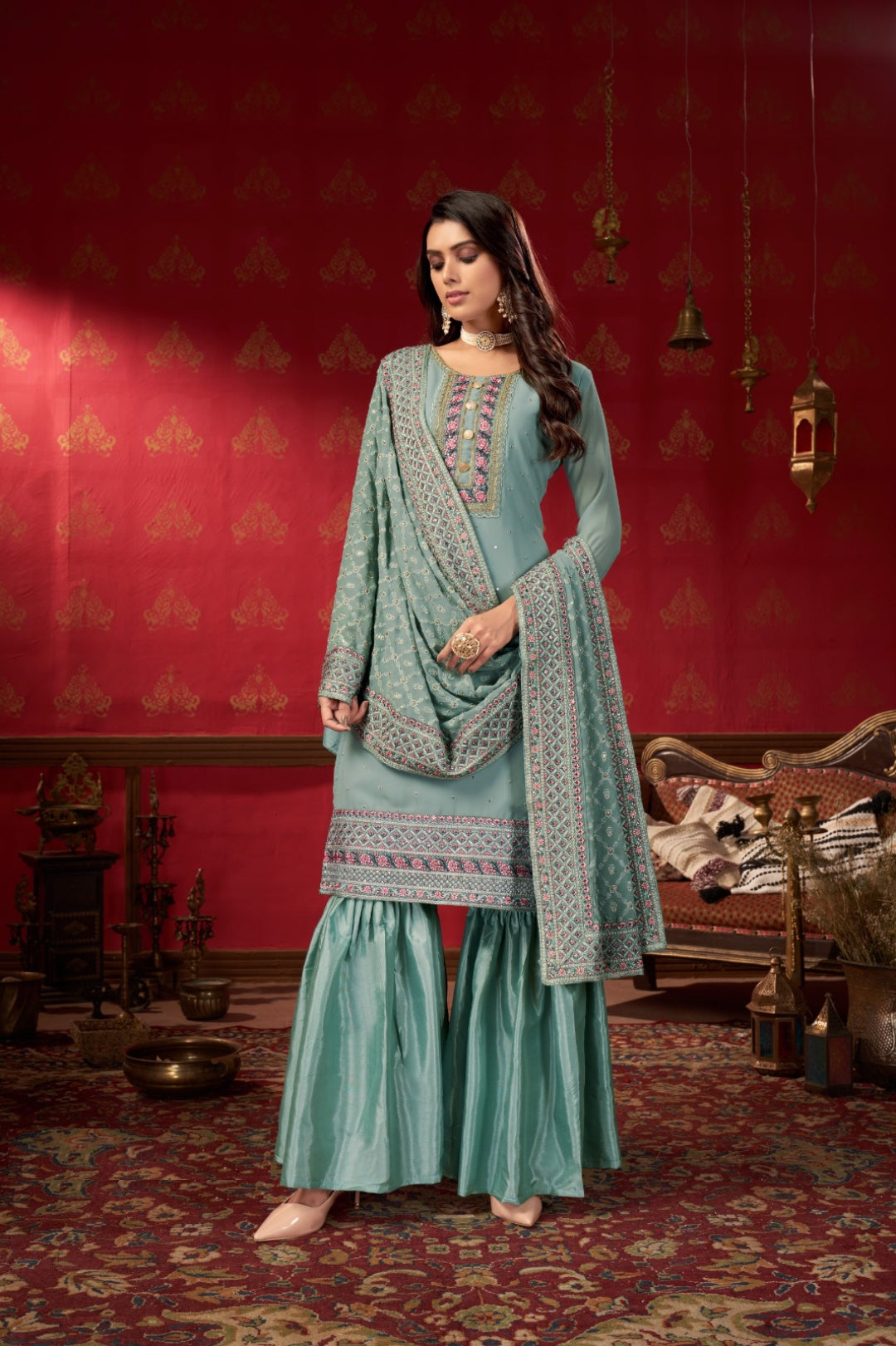 Enchanting Sea Blue Faux Georgette Gharara Bottom Suit Set