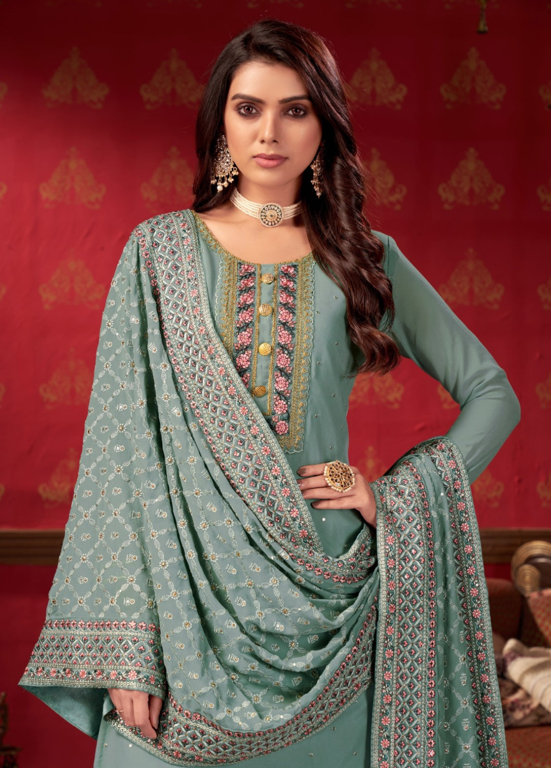 Enchanting Sea Blue Faux Georgette Gharara Bottom Suit Set